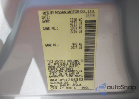 2014 Nissan Altima 2.5/2.5 S/2.5 Sl/2.5 Sv z USA, uszkodzony, nr VIN 1N4AL3AP5EC286352